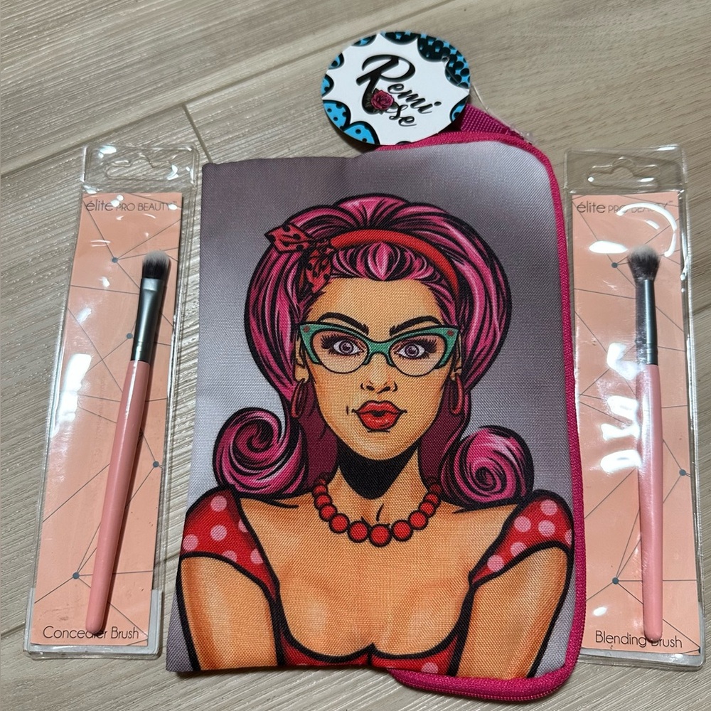 Pair of Makeup Brushes and Cosmetic Bag